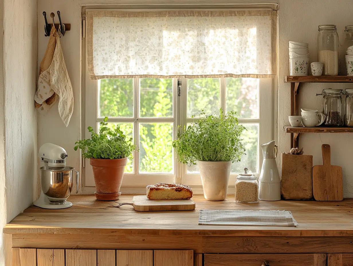 Helle Landhausküche mit Kräutern, Kuchen und Küchenutensilien vor einem Fenster mit Blick ins Grüne