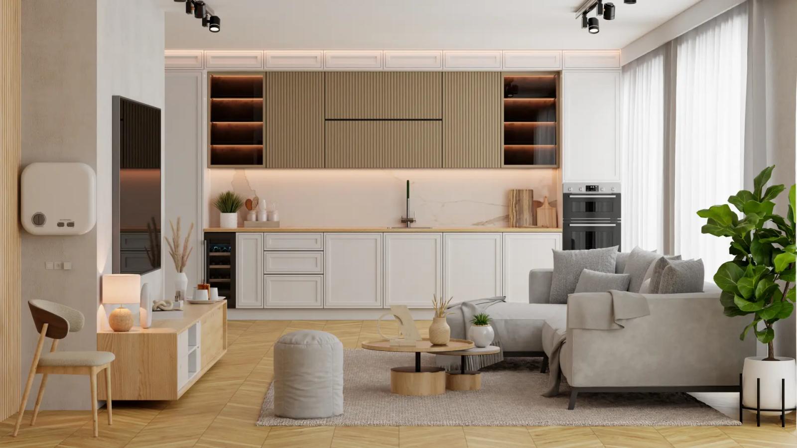 Stilbeispiel: helle Wohnküche mit Holz-Akzenten, beleuchteten Regalen und Sofa-Bereich