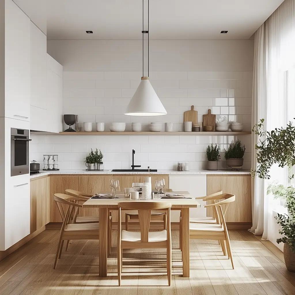 Stilbeispiel: minimalistische Wohnküche in Weiß und Eiche mit Esstisch und weißer Pendelleuchte