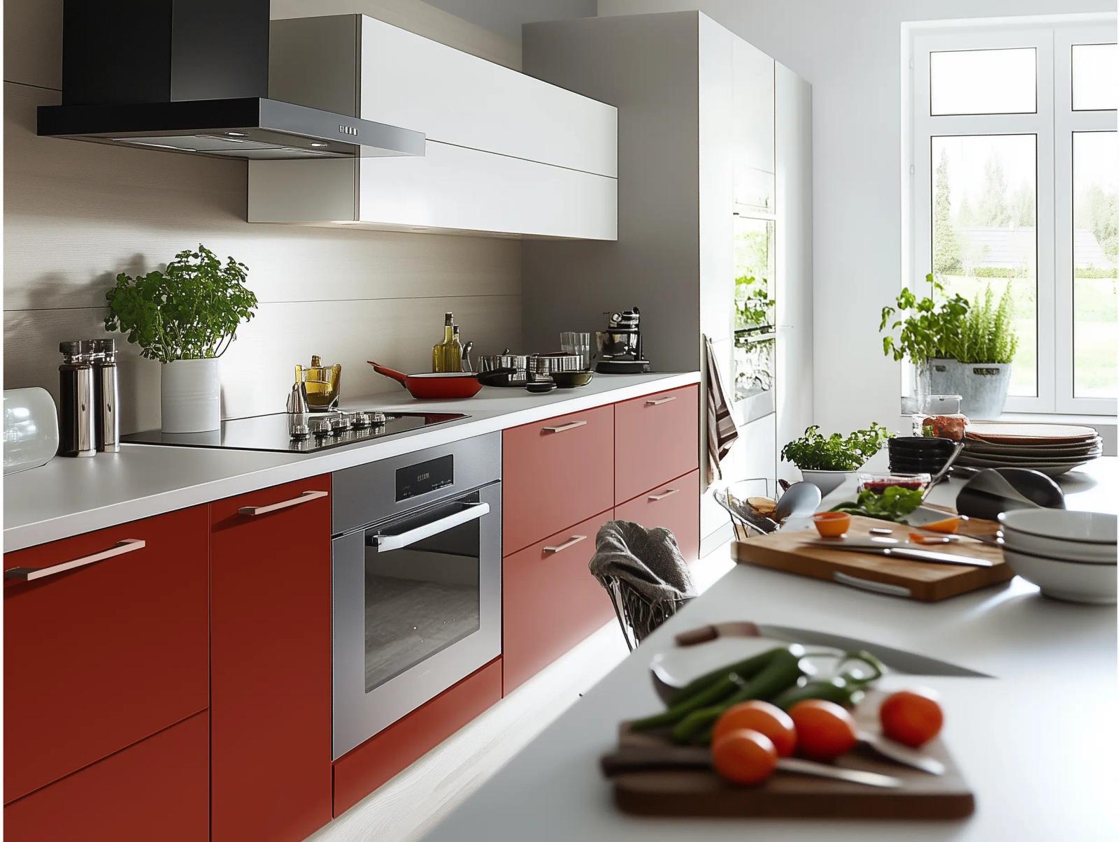 Stilbeispiel: Küche in Korallrot und Weiß mit Edelstahl-Backofen und Kräutertöpfen