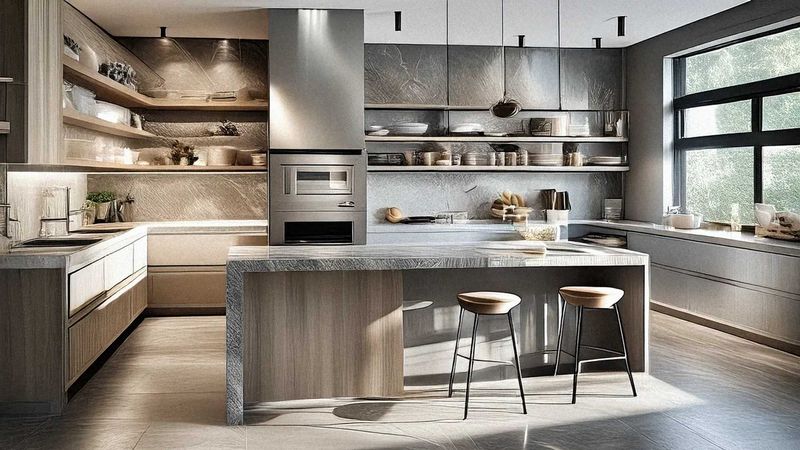 Moderne Thoki Küche mit großer Kochinsel, offenen Regalen und hochwertigen Materialien in Grau- und Holztönen