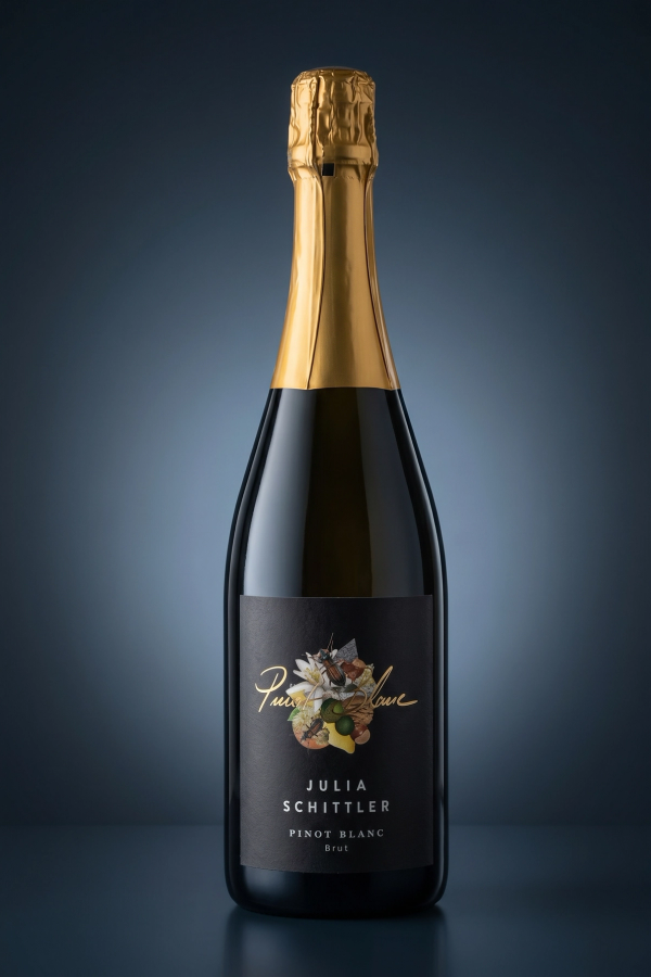 Julia Schittler Pinot Blanc Brut, freigestellte Flasche auf dunklem Verlauf