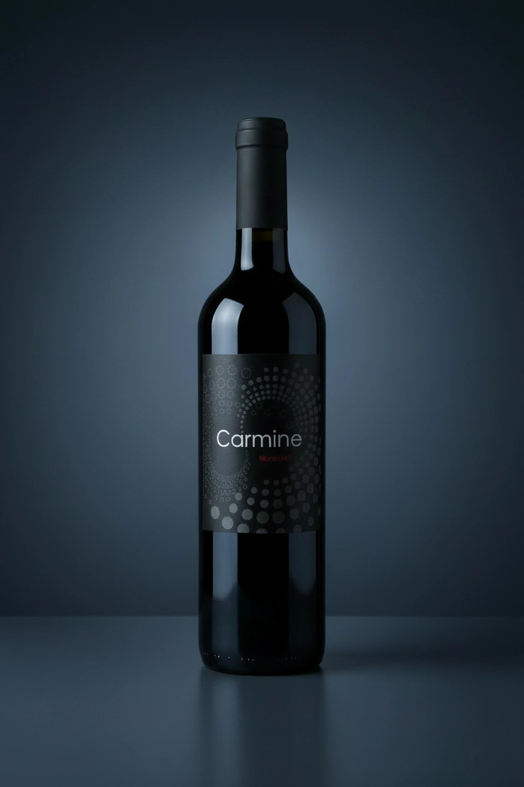 Carmine Monastrell, Flasche auf dunklem Studio-Hintergrund
