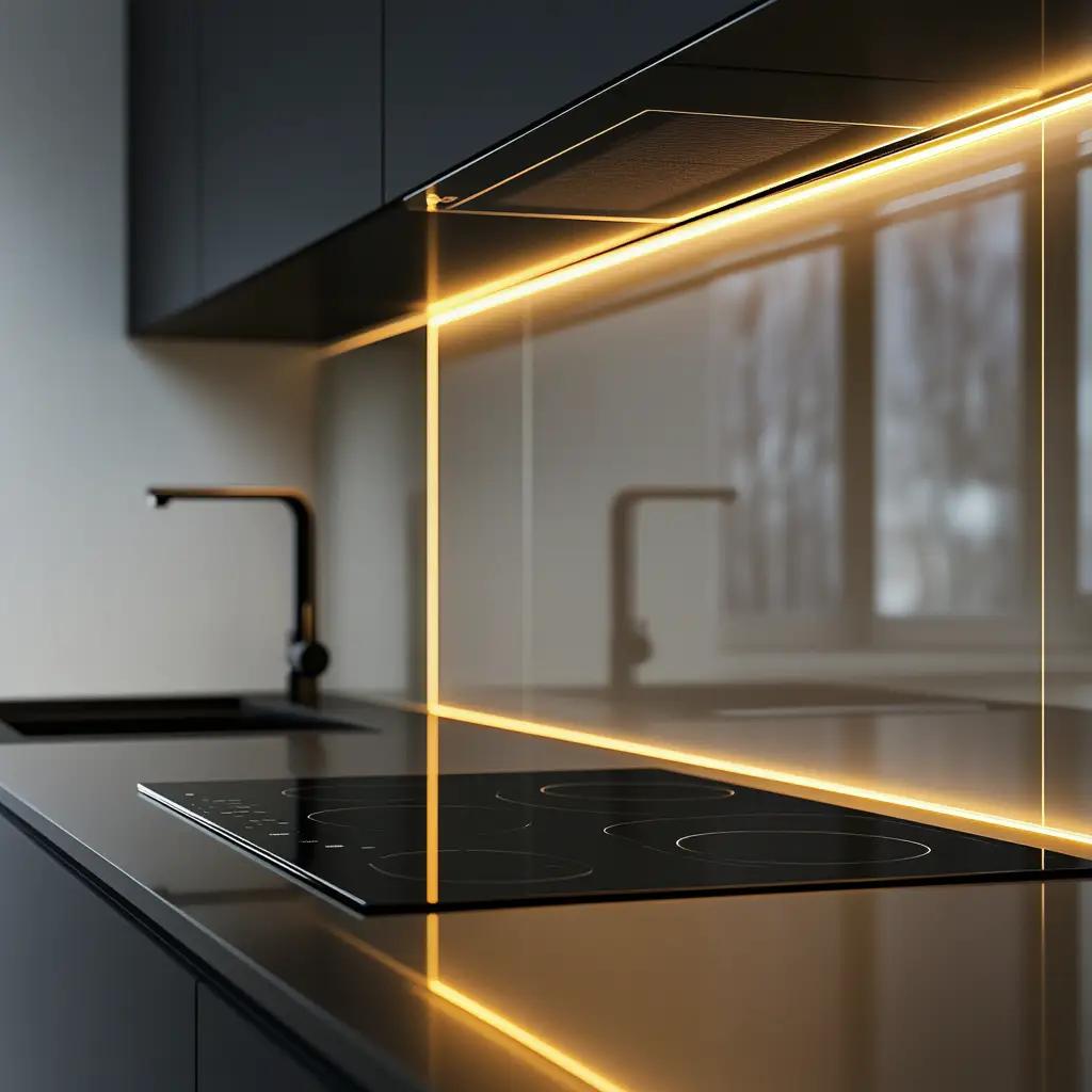 Stilbeispiel: Acrylglas-Rückwand mit warmer LED-Kante über dem Kochfeld in dunkler Küche