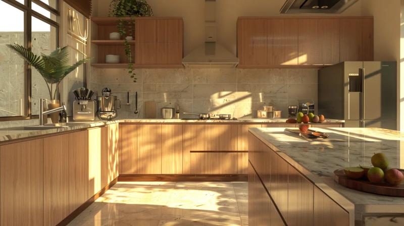 Moderne Holzküche mit heller Marmor-Arbeitsplatte in warmem Sonnenlicht, Küchentrend 2026 bei Thoki