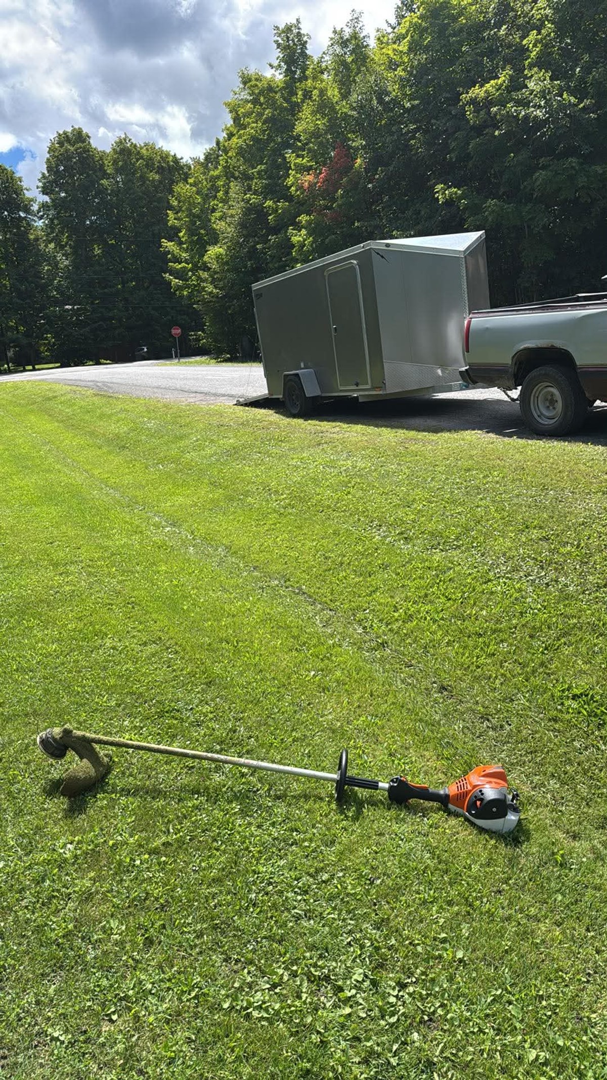 A trimmer laying on a freshly cut lawn with a truck and trailer parked on the road. 