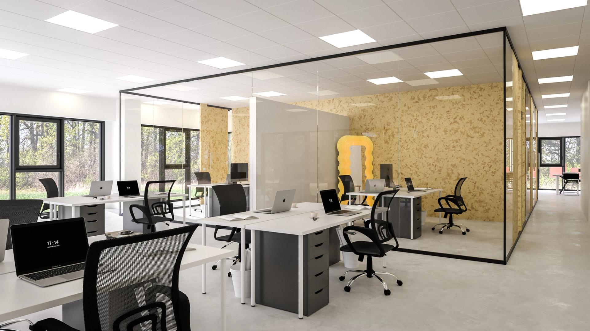 View of the glass and plywood office pods