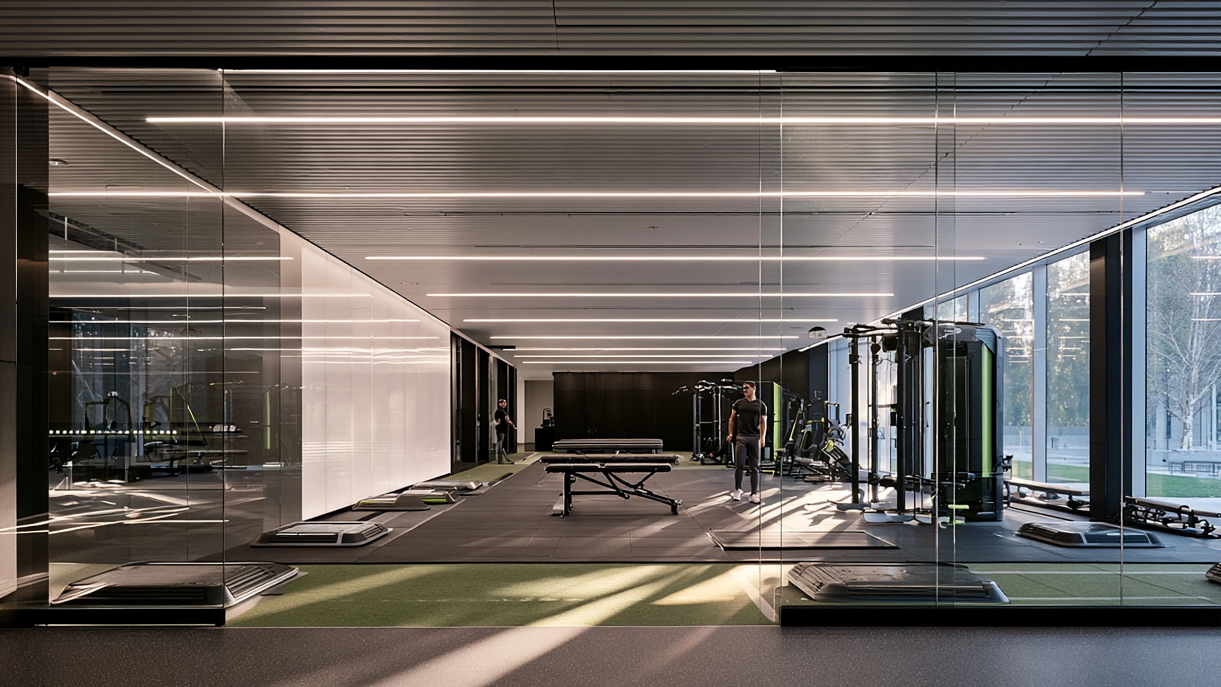 Modern glass-walled sports medicine clinic with treatment tables and strength training equipment — preparing the practice for AI