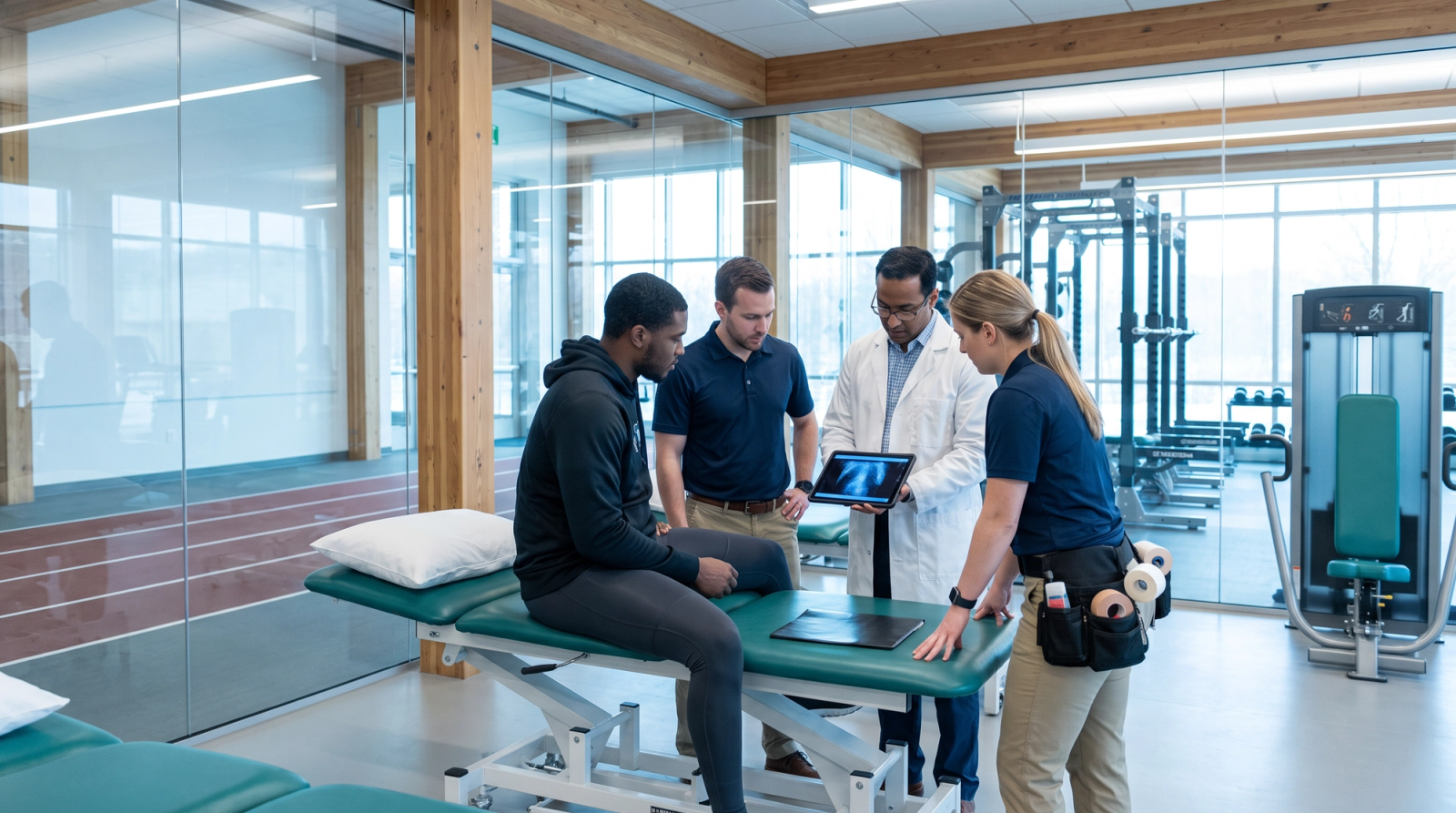A sports medicine care team, including a physician and an athletic trainer, reviewing an athlete's imaging results during a consultation