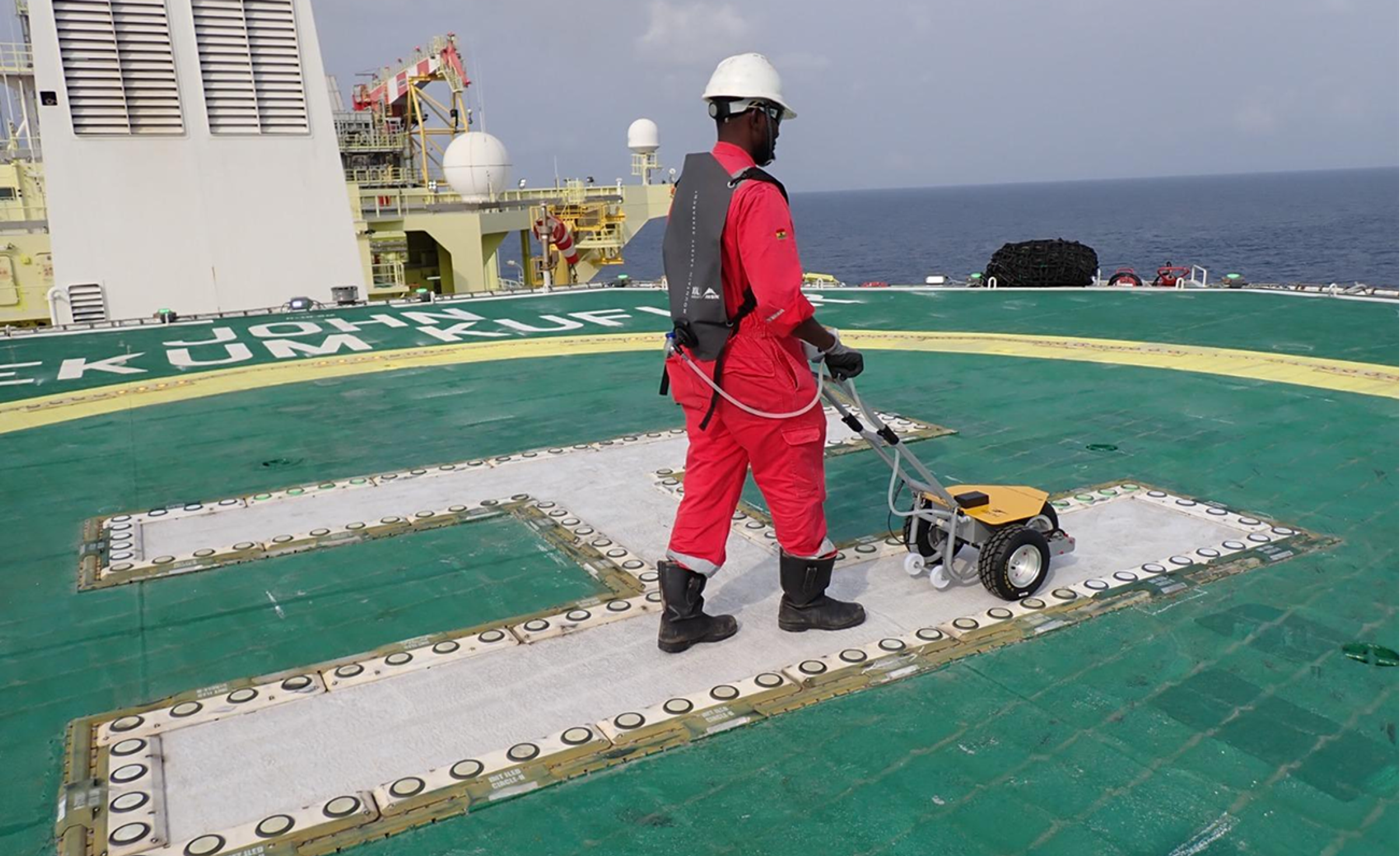 Helideck on an offshore platform undergoing integrity testing
