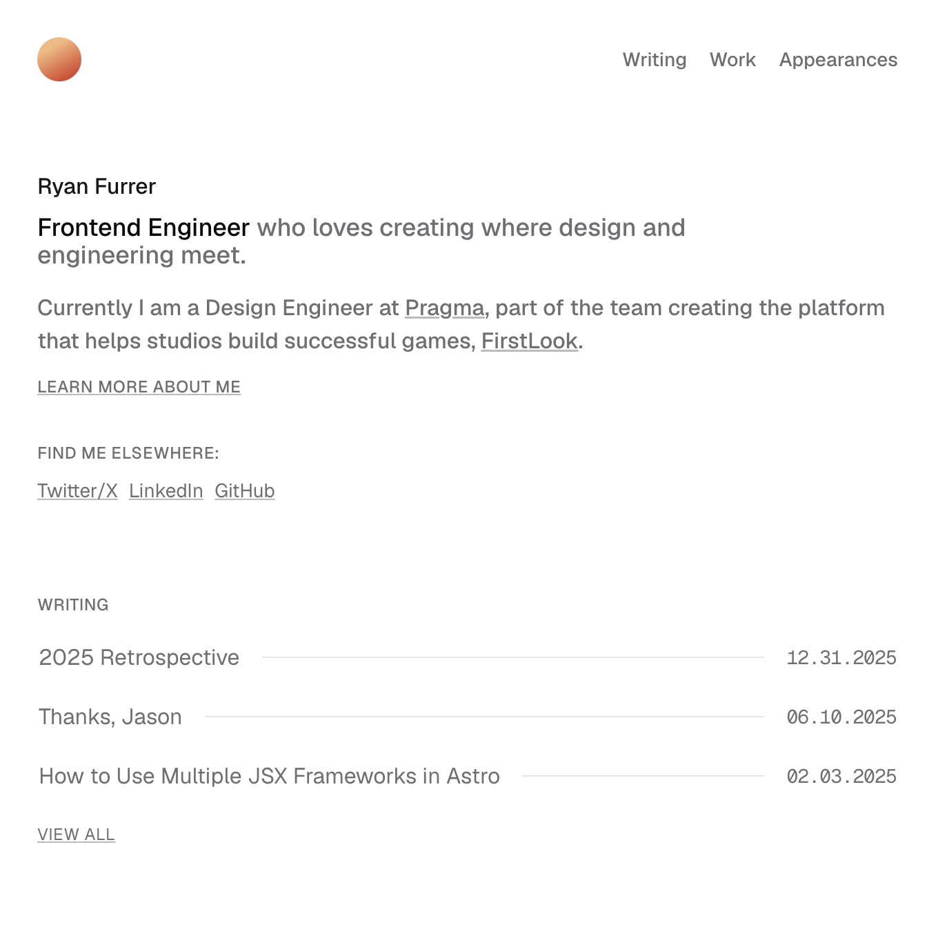 Screenshot of Ryan Furrer’s minimalist portfolio homepage, featuring an introduction, current role at Pragma, social links, and a list of recent writing.