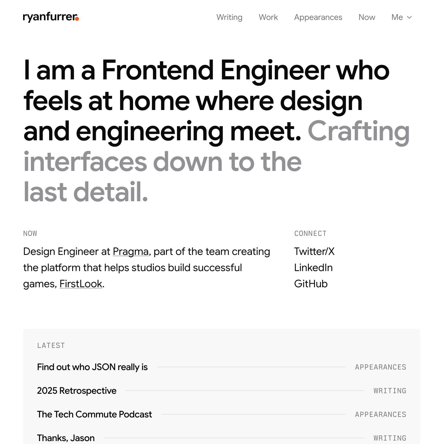 Screenshot of Ryan Furrer’s redesigned portfolio homepage, featuring oversized introductory typography, current role at Pragma, social links, and a categorized list of recent work.