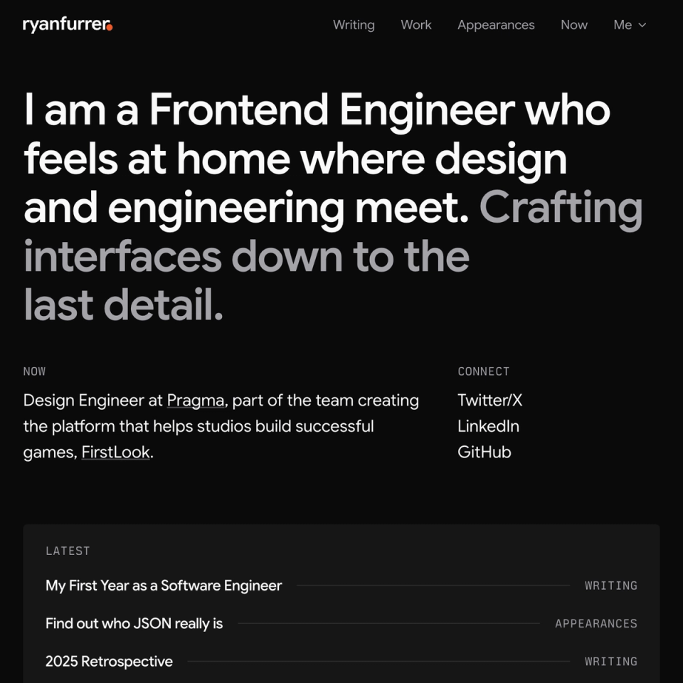 Screenshot of Ryan Furrer’s redesigned portfolio homepage, featuring oversized introductory typography, current role at Pragma, social links, and a categorized list of recent work.