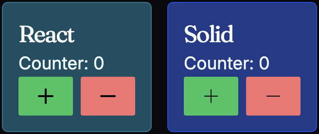 Counters rendered in both React and SolidJS allowing the user to click and increase or decrease the count.
