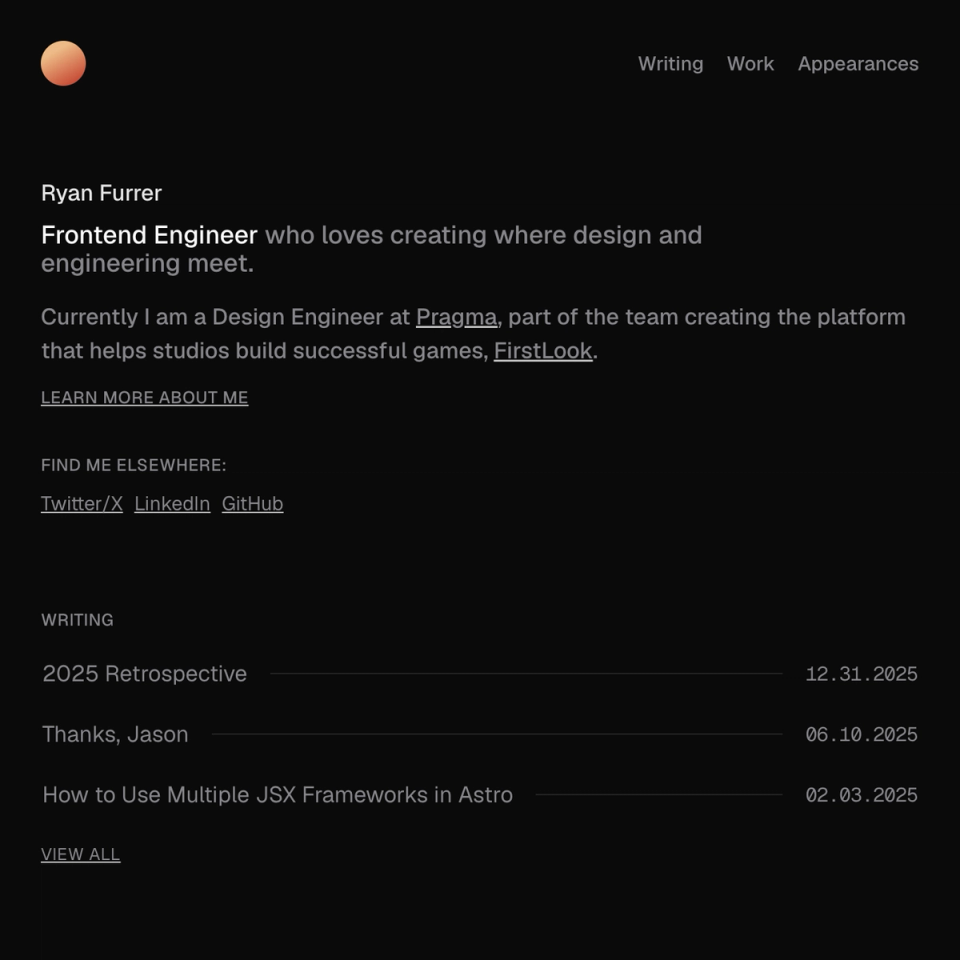 Screenshot of Ryan Furrer’s minimalist portfolio homepage, featuring an introduction, current role at Pragma, social links, and a list of recent writing.
