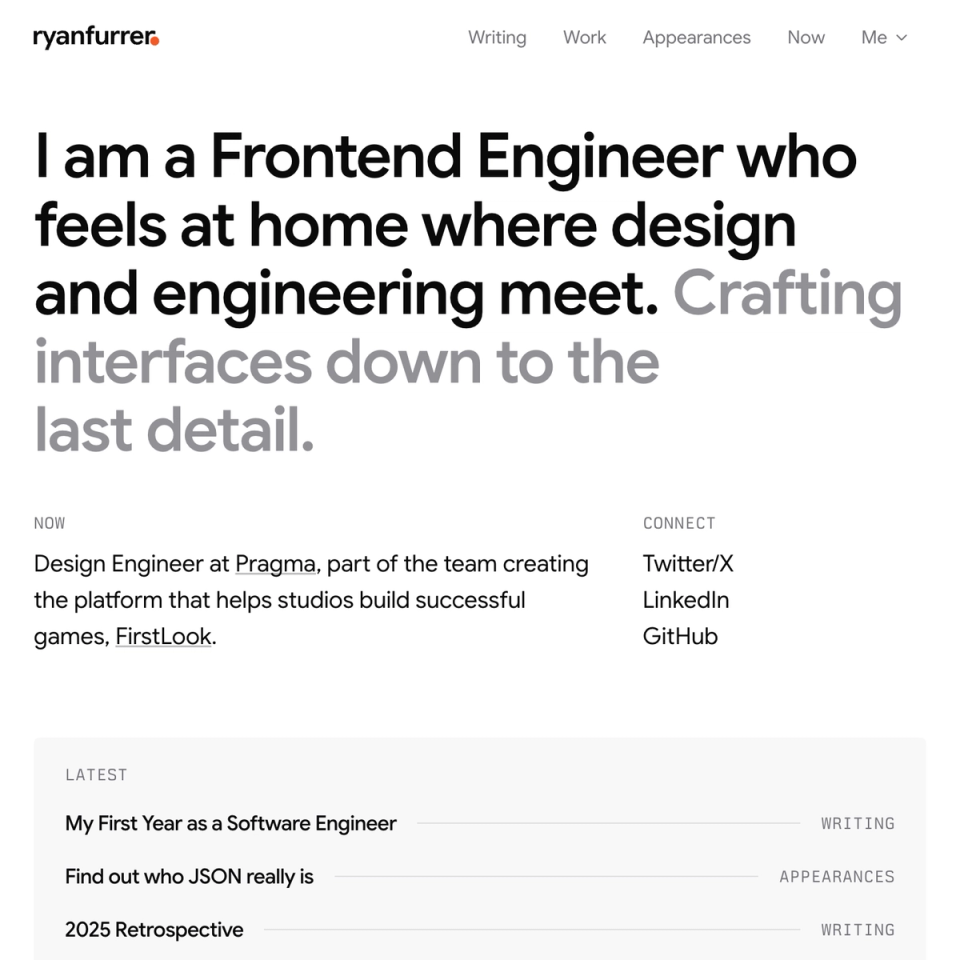 Screenshot of Ryan Furrer’s redesigned portfolio homepage, featuring oversized introductory typography, current role at Pragma, social links, and a categorized list of recent work.