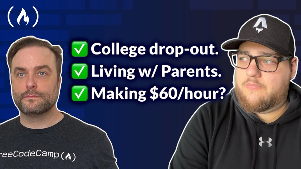 Alt text: Two men are shown against a dark blue background. The man on the left has short brown hair, a beard, and is wearing a black FreeCodeCamp t-shirt. The man on the right has a beard, glasses, and is wearing a black hoodie and a black cap with a white logo. Between them is white text with green checkmark icons that reads: "College drop-out. Living w/ Parents. Making $60/hour?" The FreeCodeCamp logo is in the top left corner.