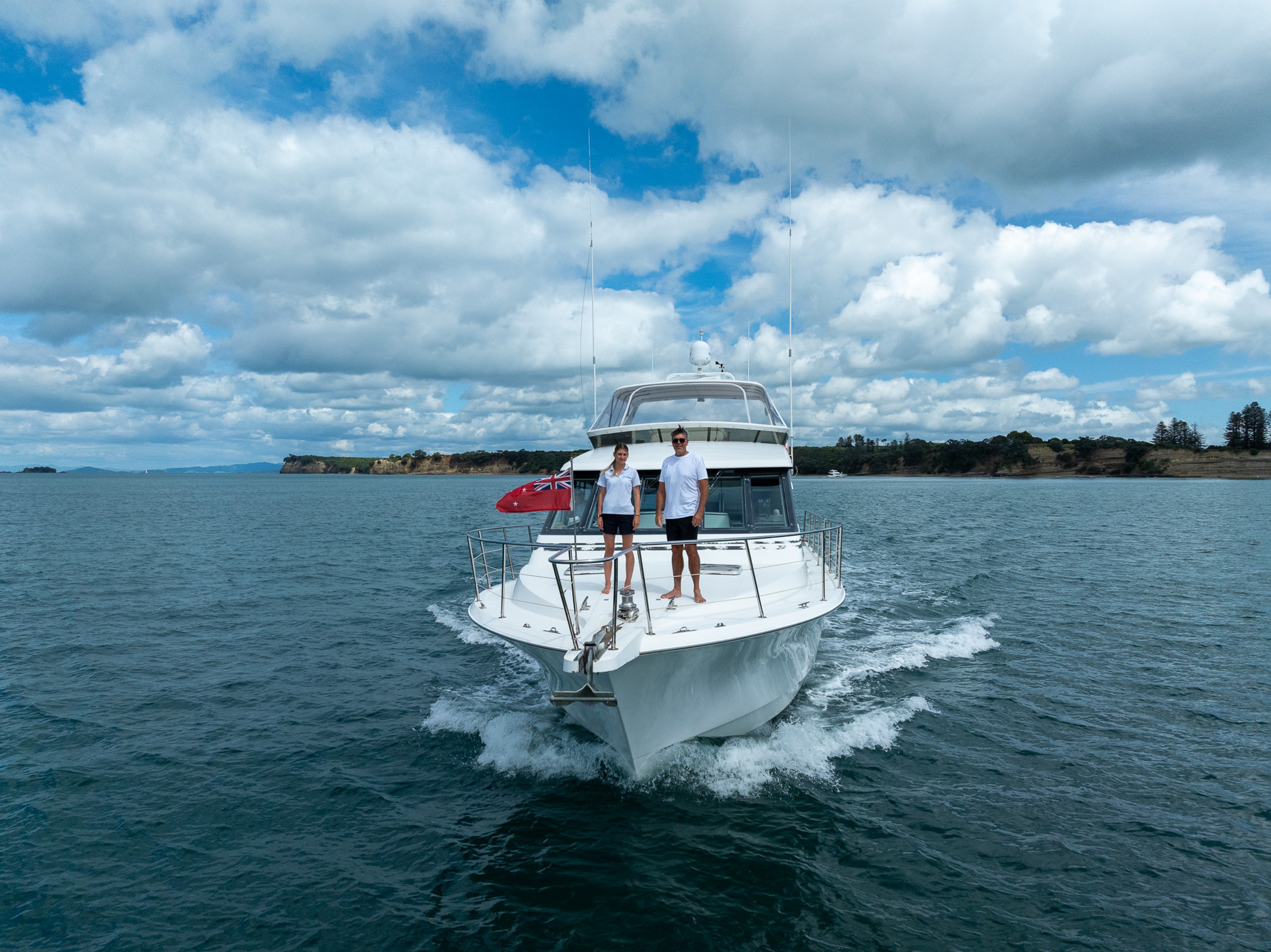 Boat front view with people standing