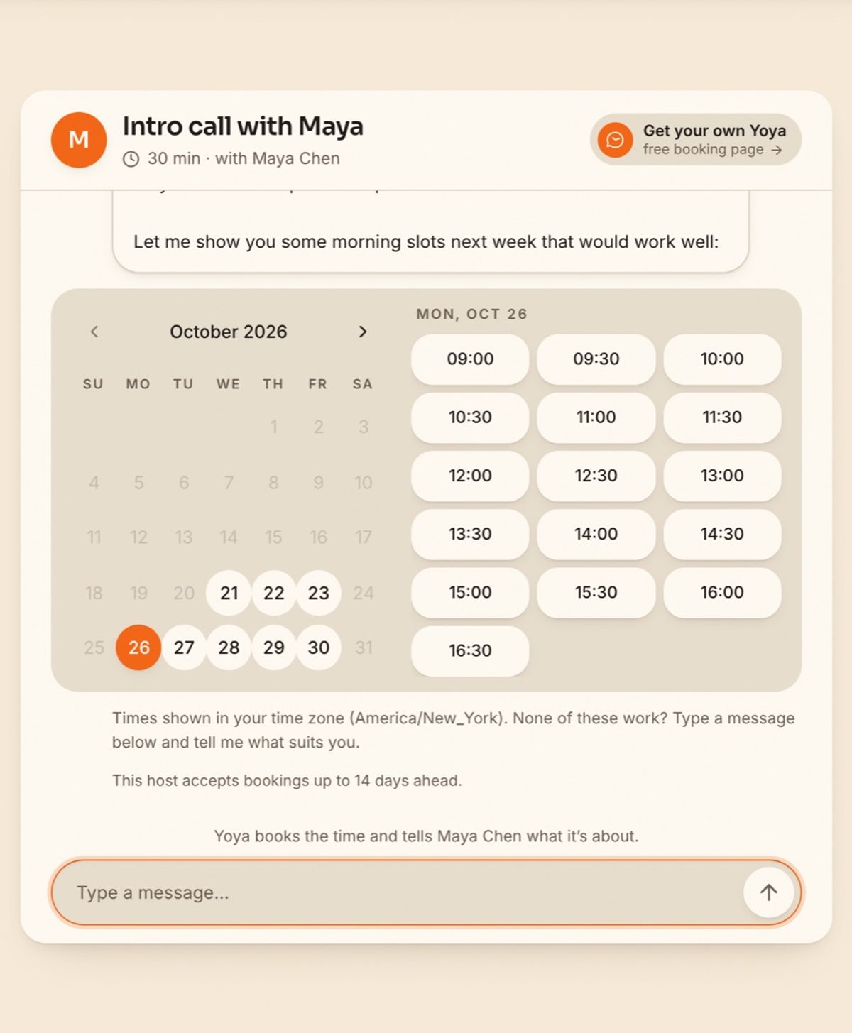 A Yoya booking conversation offering open times for next week, shown in the guest's time zone