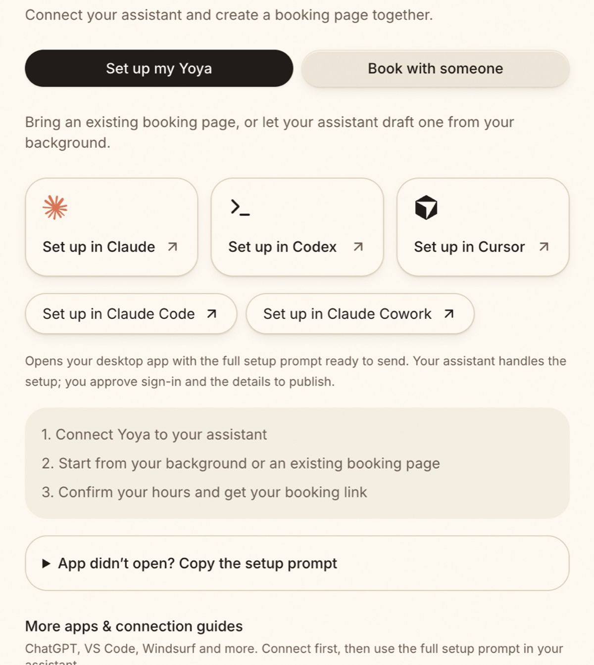 Yoya's Install MCP dialog: set up in Claude, Codex, Cursor, Claude Code or Claude Cowork, then confirm hours and get a booking link