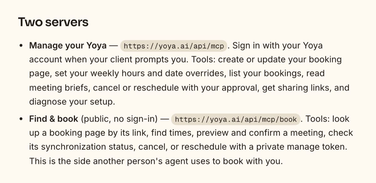 Yoya's MCP documentation: one server for the host to manage their own Yoya, one public server for anyone's agent to book
