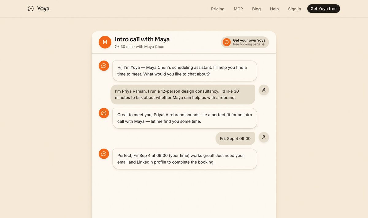 A consultant's client booking through conversation, explaining who they are and what they want before any details are asked for