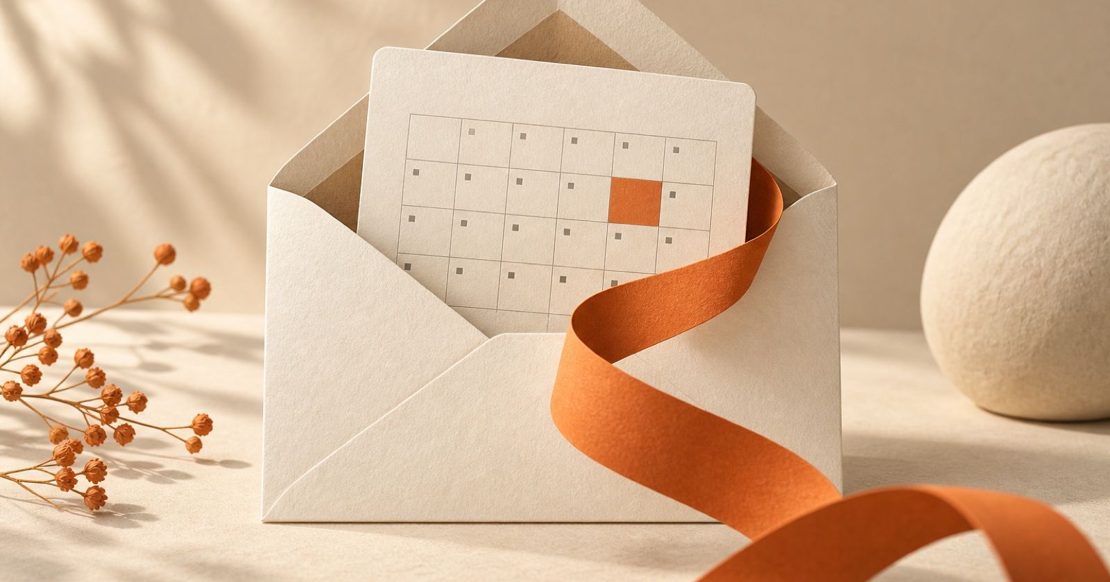 A paper envelope holding a calendar card with an orange ribbon