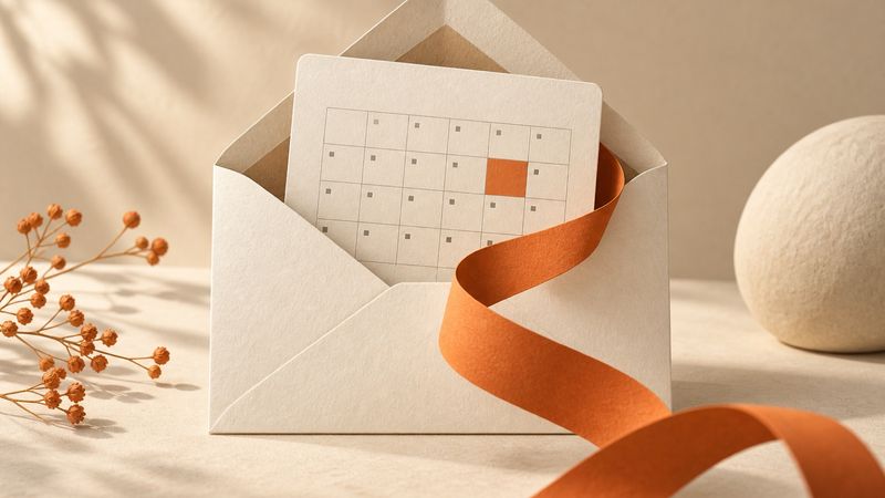A paper envelope holding a calendar card with an orange ribbon