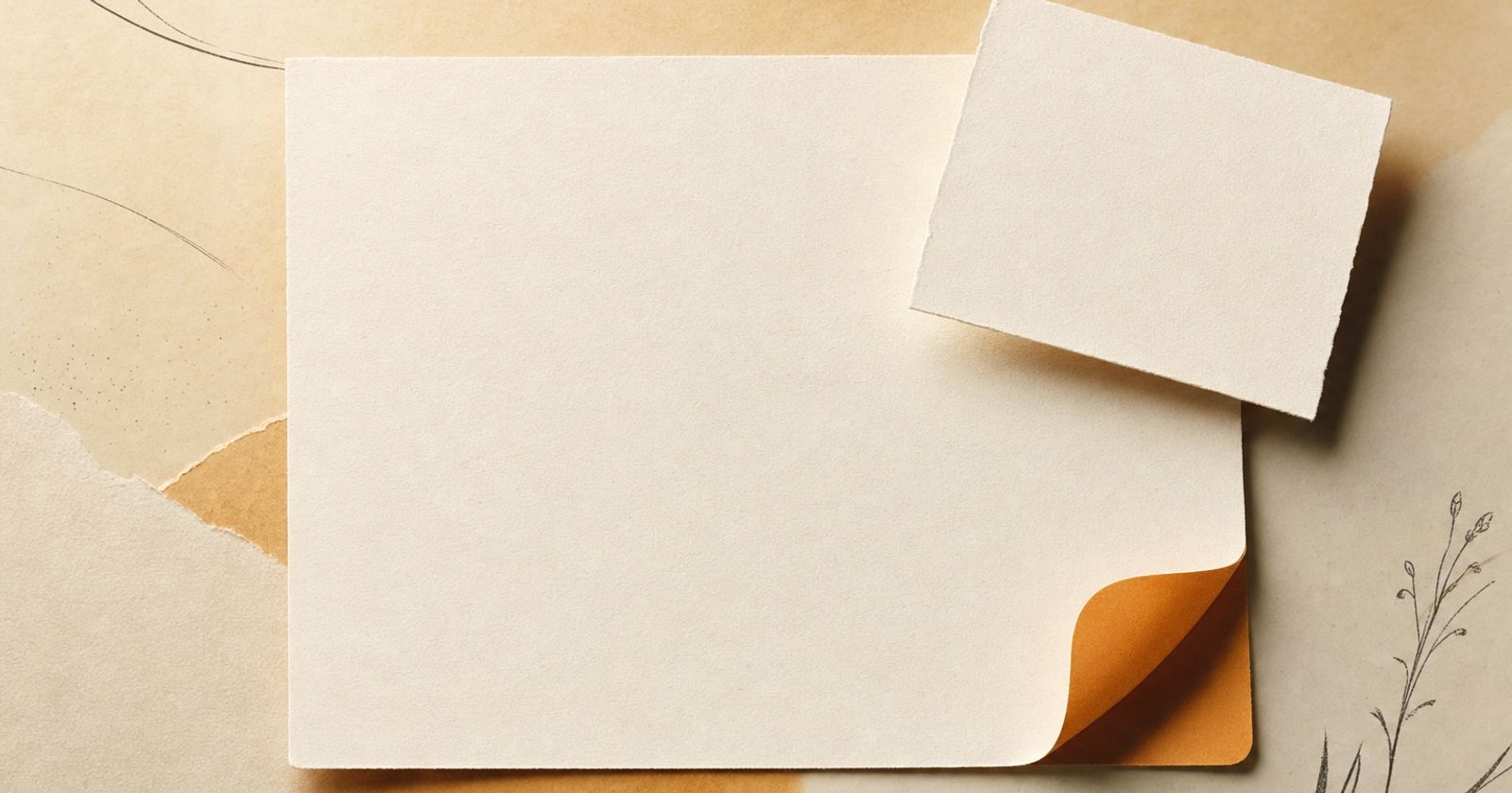 A cream paper card with a small orange tab lifting from its lower right corner, in a warm paper-craft style