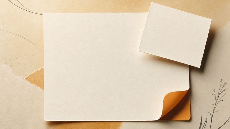 A cream paper card with a small orange tab lifting from its lower right corner, in a warm paper-craft style