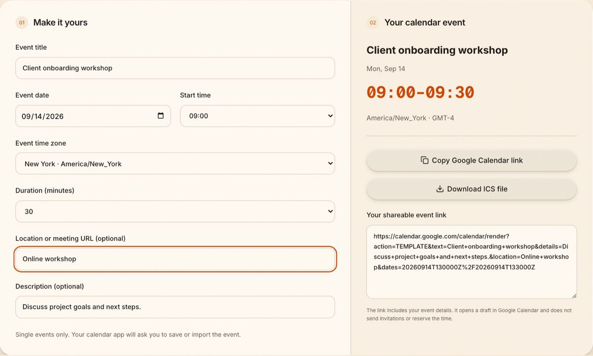 Yoya calendar link generator configured for an onboarding workshop at 09:00 in New York