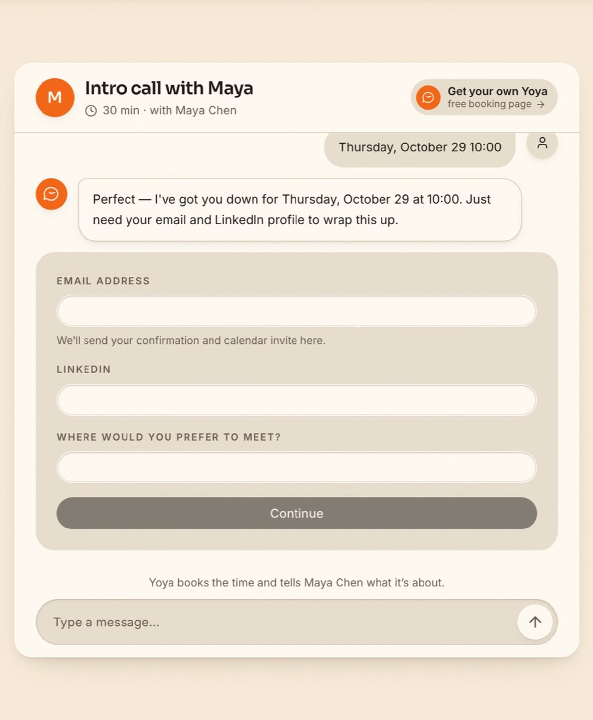 A live Yoya booking conversation: the guest picked Thursday at 10:00 and Yoya asks for email, LinkedIn and where to meet