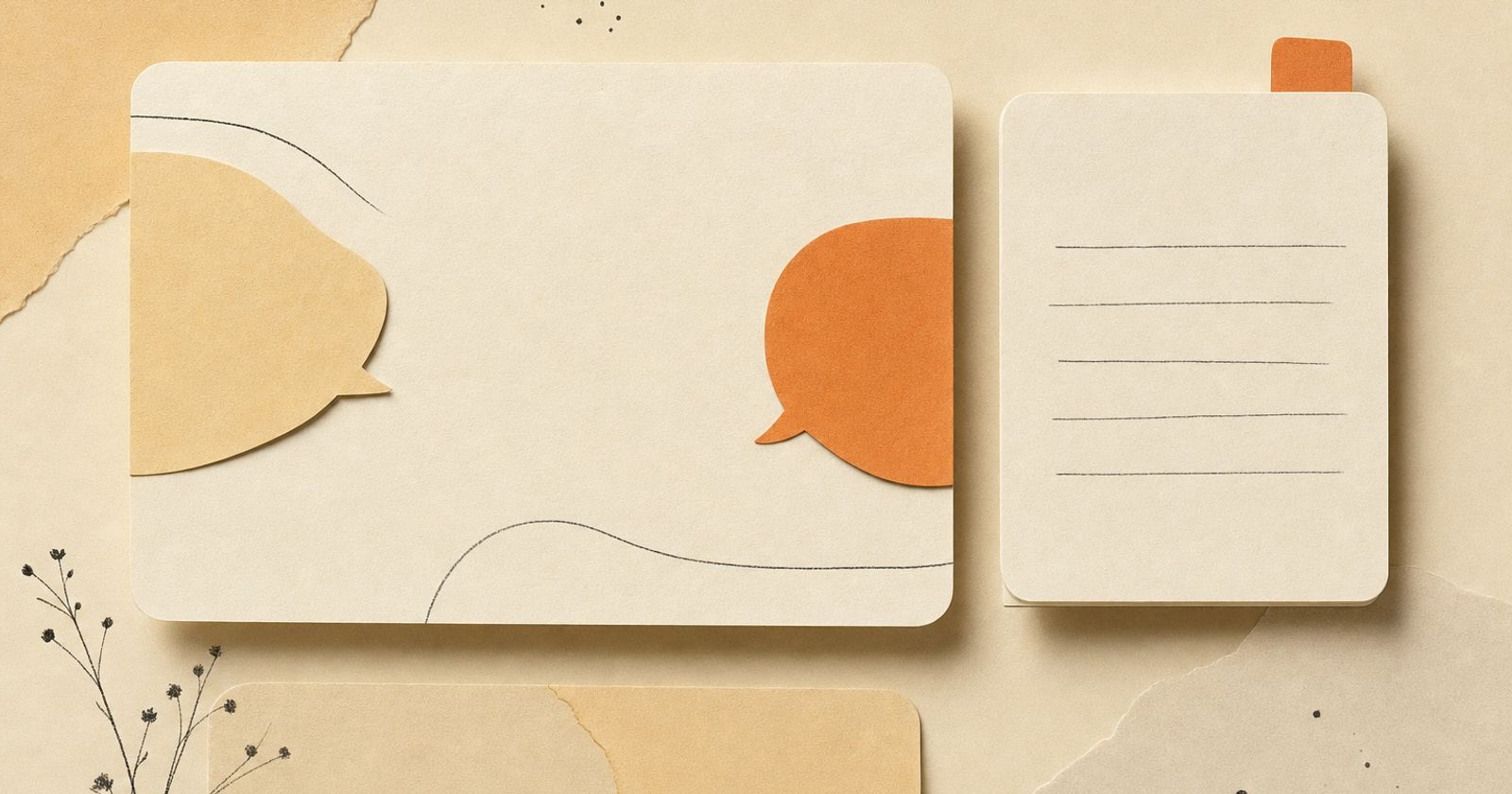 Layered cream paper cards with two speech bubbles on opposite sides and a ruled note card, in a warm paper-craft style