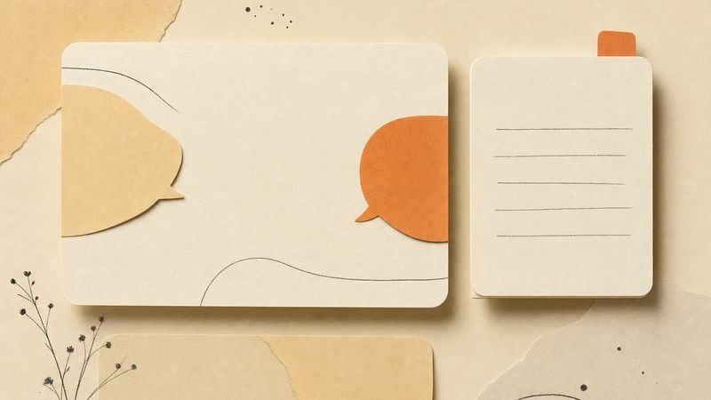 Layered cream paper cards with two speech bubbles on opposite sides and a ruled note card, in a warm paper-craft style