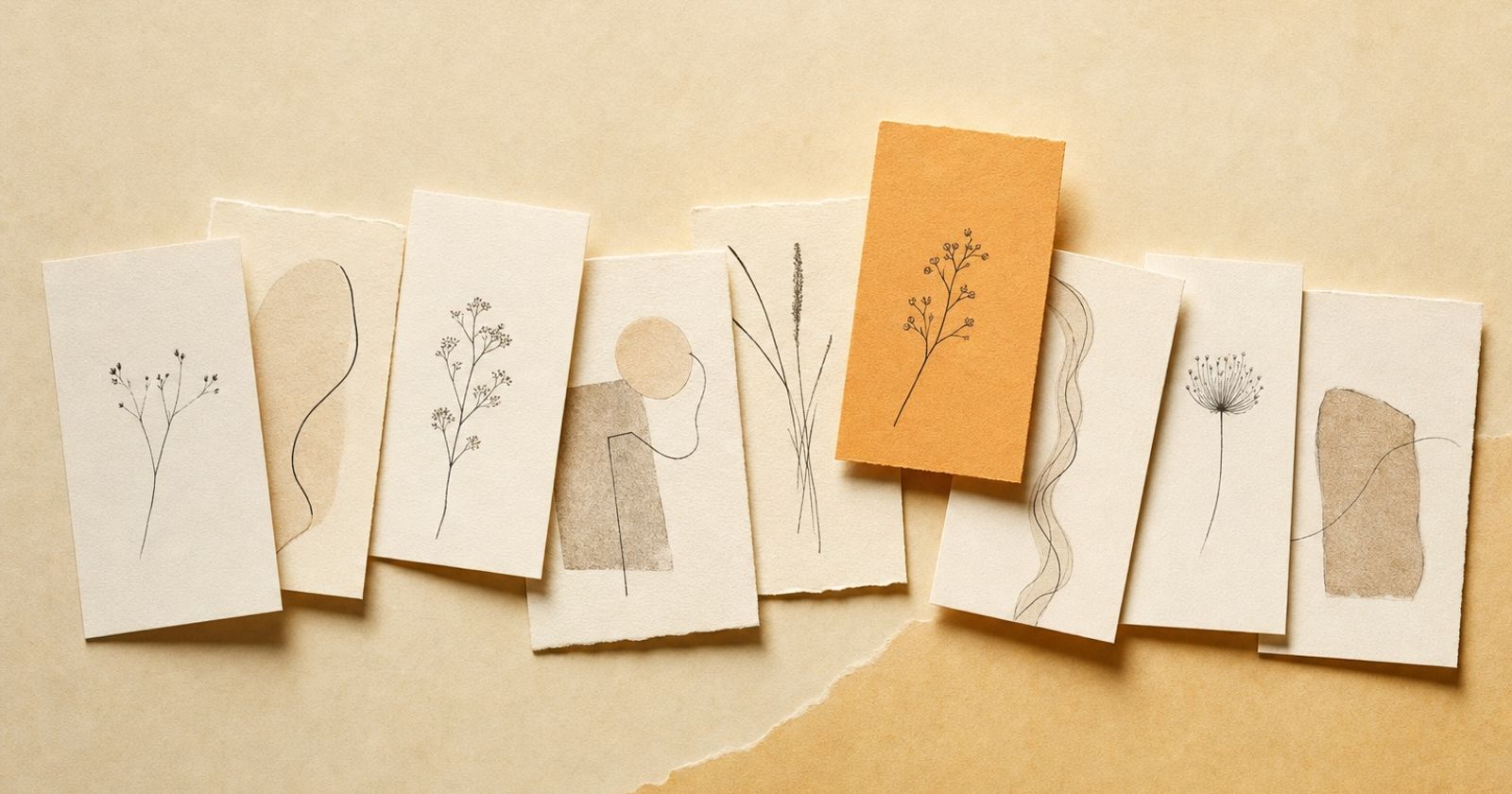 A fanned row of ivory paper cards of different sizes with one orange card lifted above the rest, in a warm paper-craft style