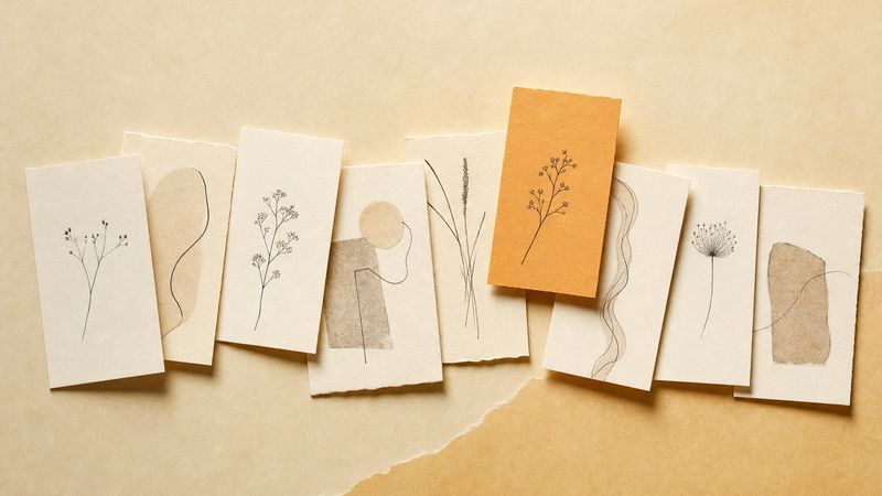 A fanned row of ivory paper cards of different sizes with one orange card lifted above the rest, in a warm paper-craft style