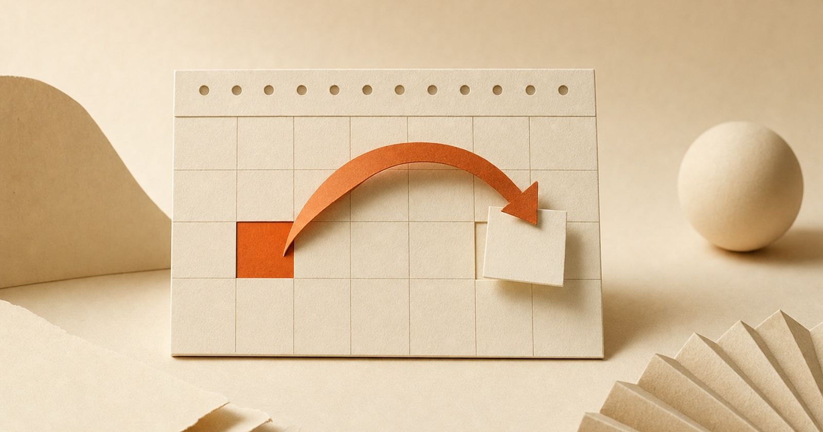 A paper calendar with an orange arrow moving an event tile to a later day
