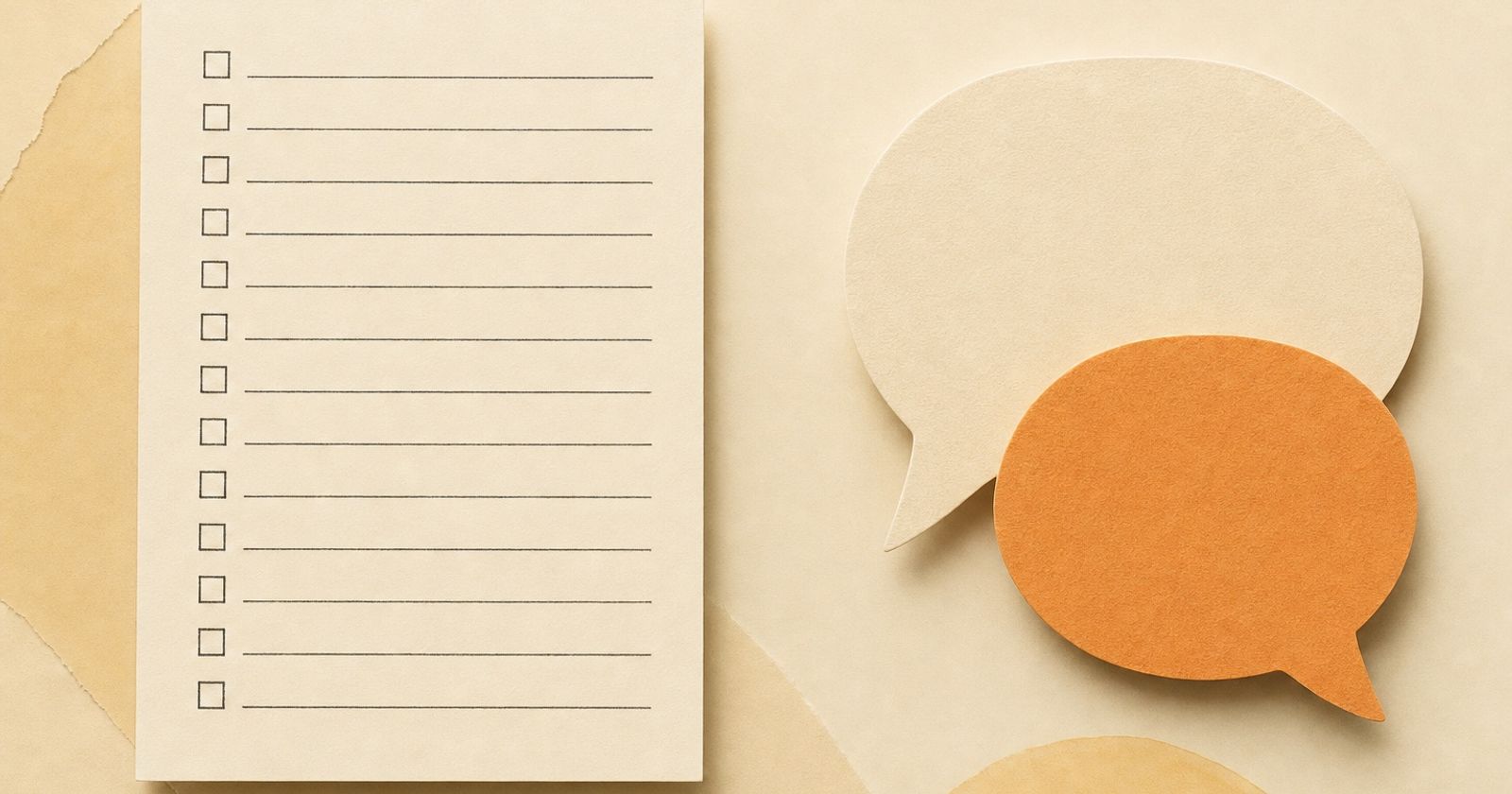 A rigid form card covered in ruled lines and checkboxes beside two soft overlapping paper speech bubbles, one orange, in a warm paper-craft style