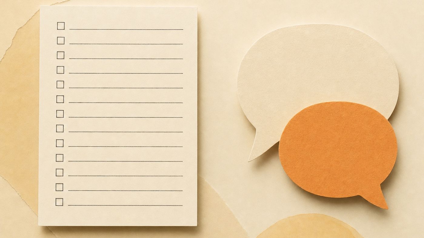 A rigid form card covered in ruled lines and checkboxes beside two soft overlapping paper speech bubbles, one orange, in a warm paper-craft style