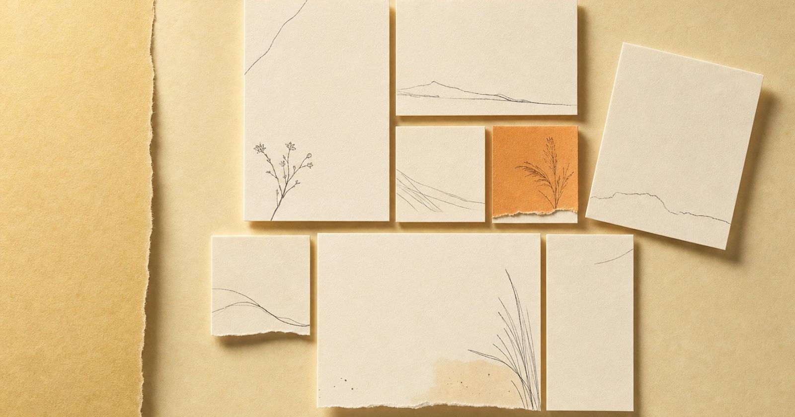Ivory paper cards arranged like modular building blocks with one lifted away from the grid, in a warm paper-craft style