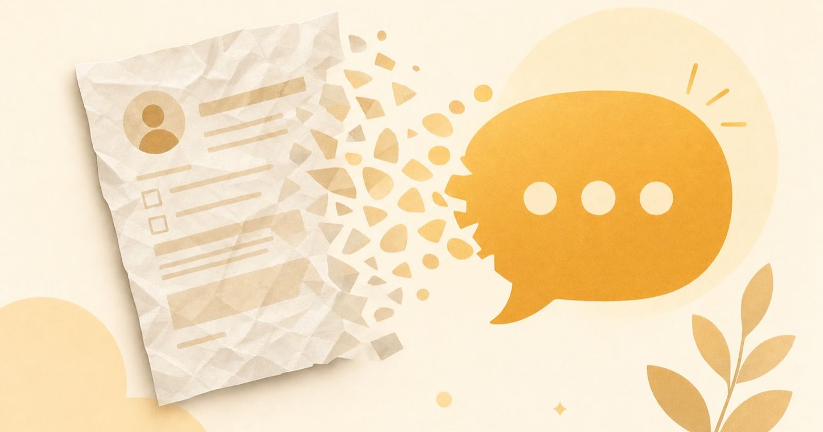 A crumpled paper intake form dissolving into a friendly chat bubble