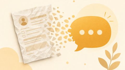 A crumpled paper intake form dissolving into a friendly chat bubble