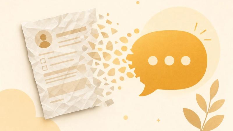 A crumpled paper intake form dissolving into a friendly chat bubble