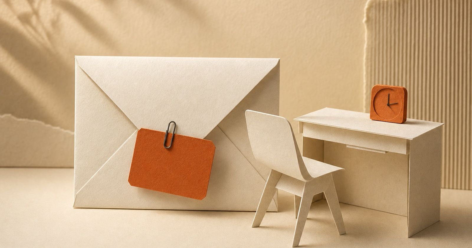 A paper envelope with an orange name badge beside a paper chair and desk