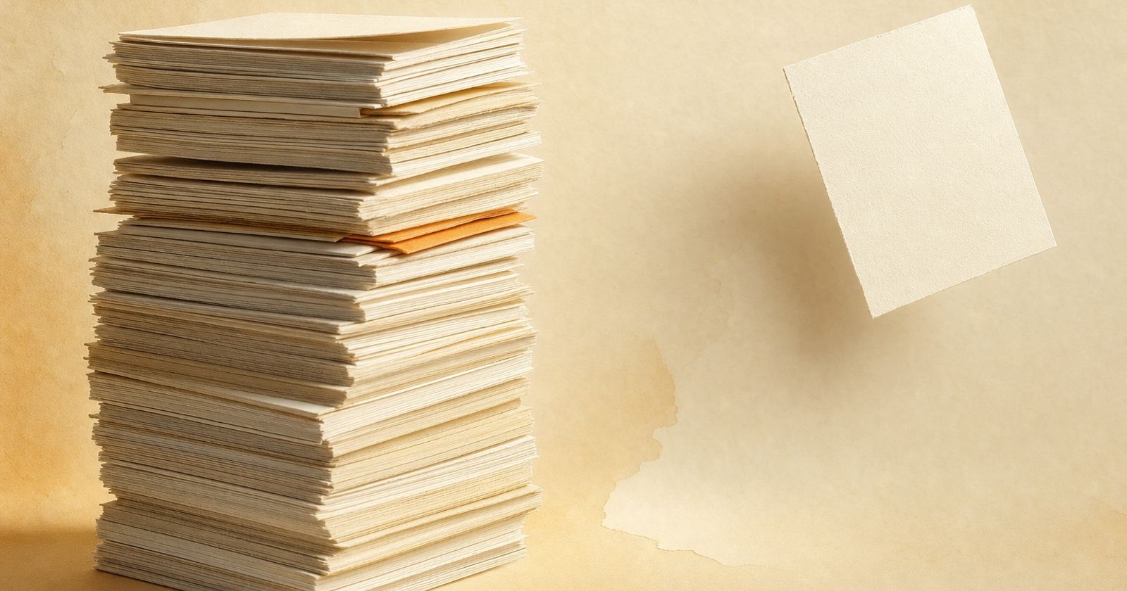 A tall heavy stack of paper sheets beside a single light ivory card floating above the surface, in a warm paper-craft style