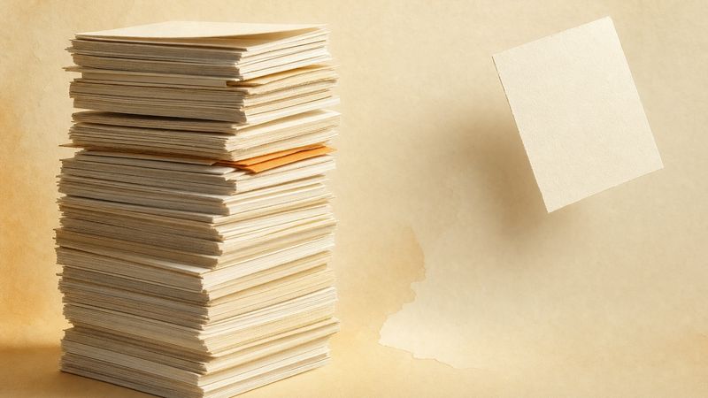 A tall heavy stack of paper sheets beside a single light ivory card floating above the surface, in a warm paper-craft style
