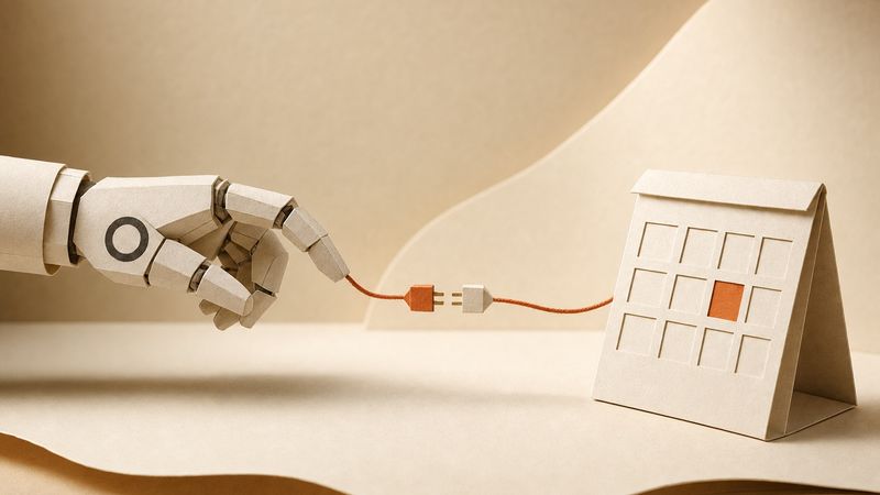 A paper robot hand plugging a thread into a paper calendar with one orange time slot