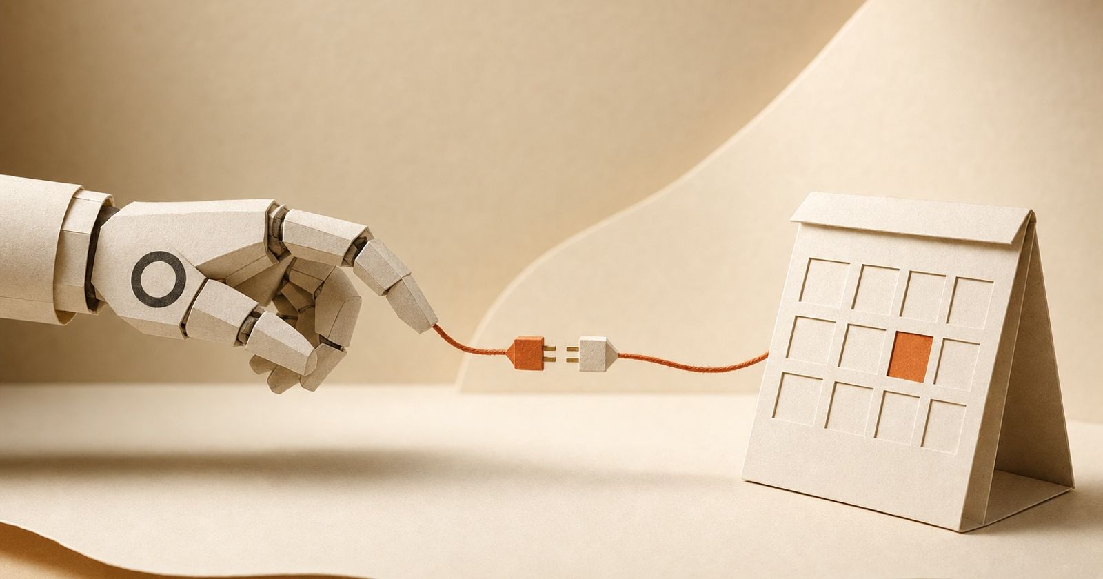 A paper robot hand plugging a thread into a paper calendar with one orange time slot