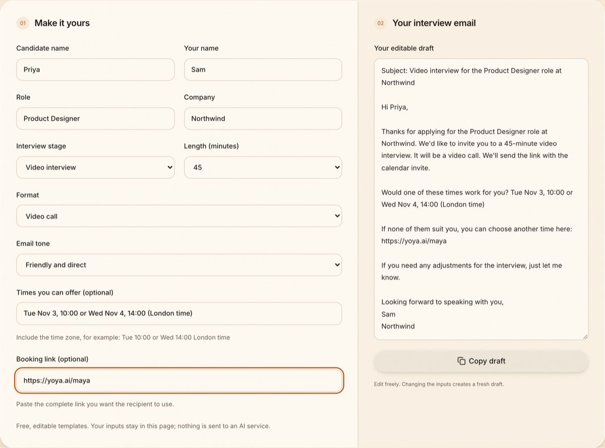 Yoya's interview scheduling email generator filled in for a 45-minute video interview with two offered times and a booking link