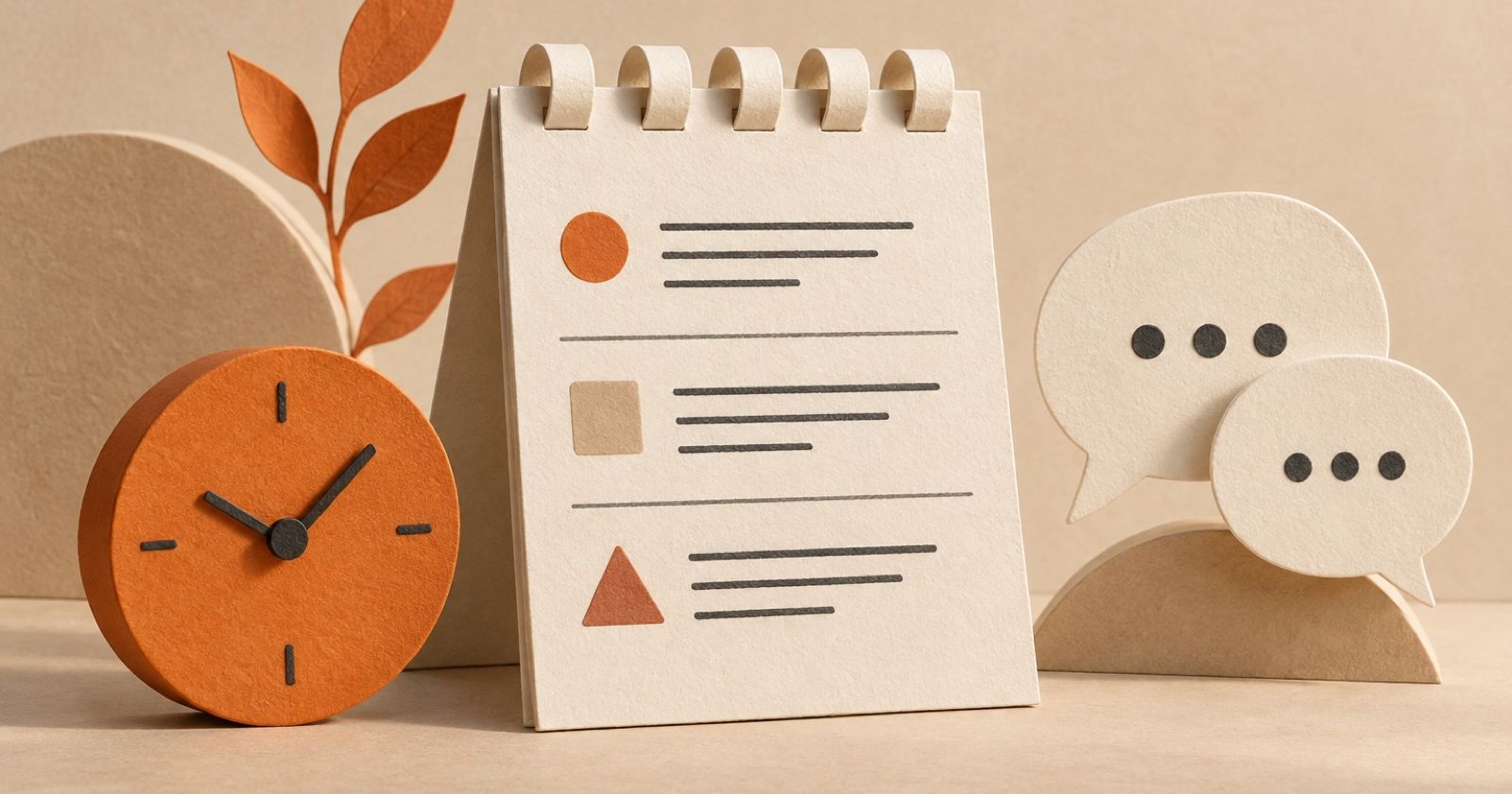 A paper agenda, an orange clock and conversation bubbles